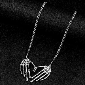 HALLOWEEN SALE Silver Skeleton Hand Heart Shaped Necklace